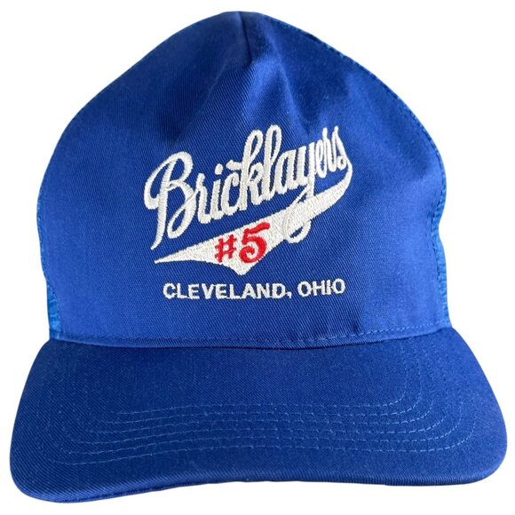 Vintage 90s Bricklayers #5 Cleveland Ohio Blue Trucker Hat Made In USA Snapback - Picture 1 of 7